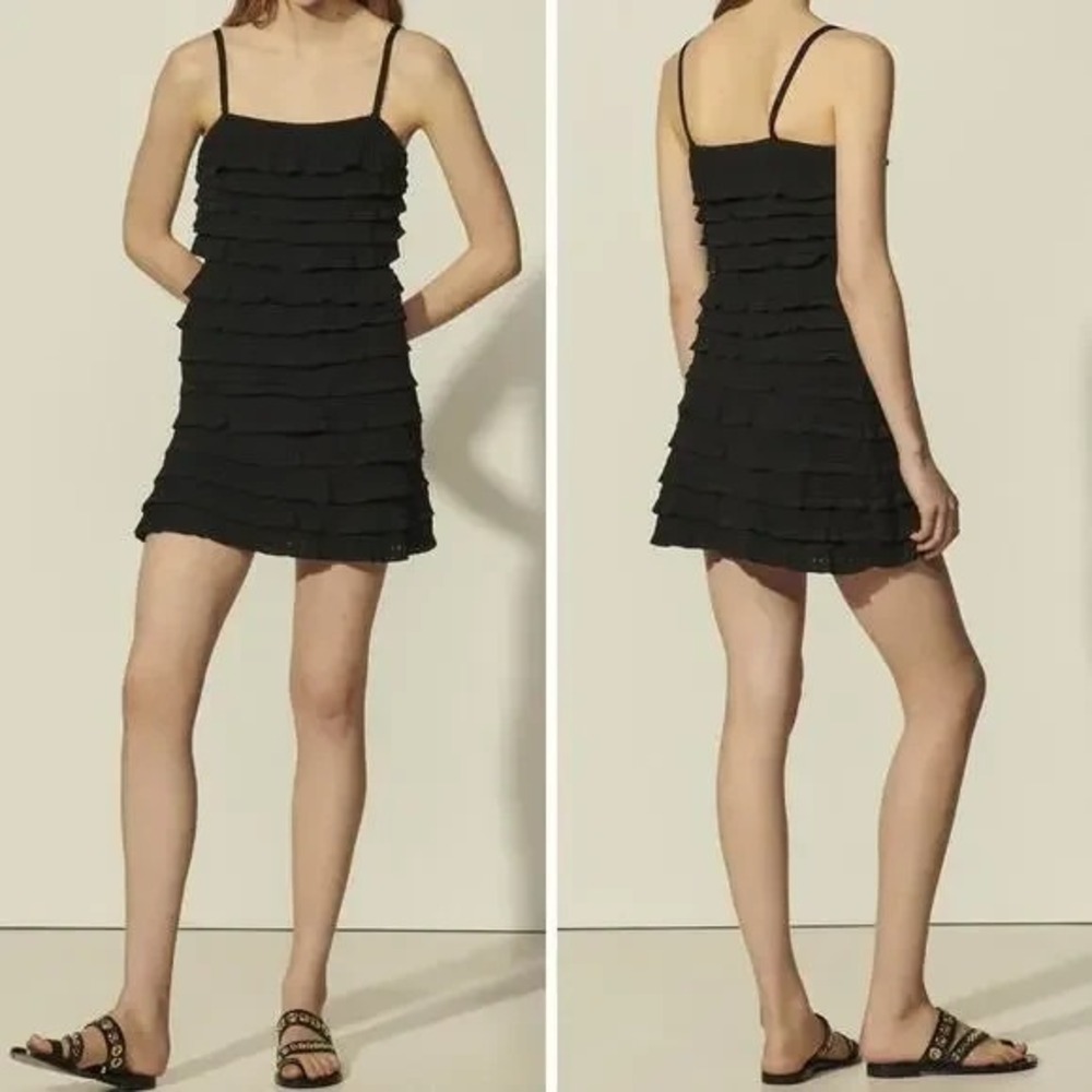 Sandro Dress Womens 40 / 8 Black Ruffle Knit Tank‎ Mini Ellora LBD Simple